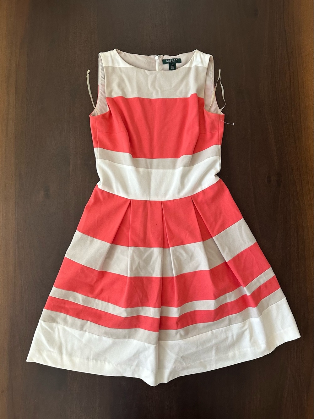 Lauren Ralph Lauren Striped Fit Flare Coral Pink Dress Pleated A Line‎ Womens 8